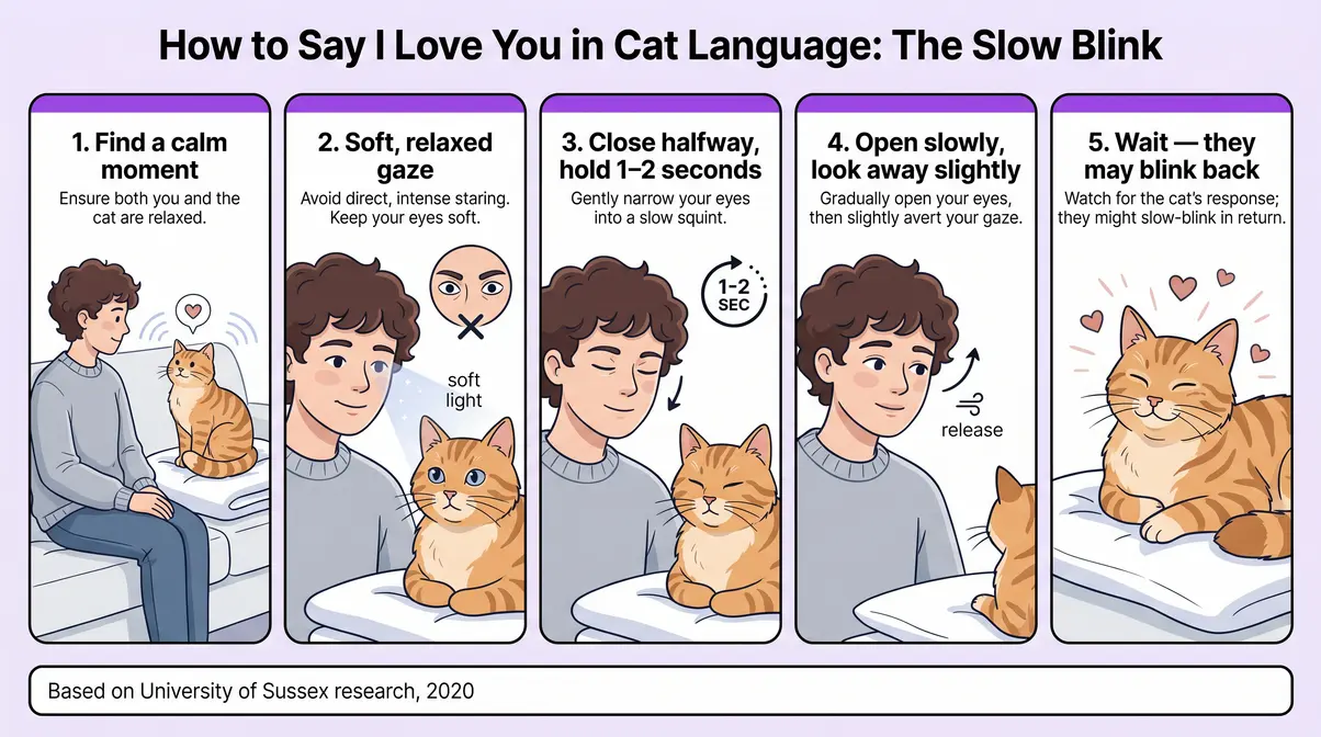 Illustrated five-step guide showing the slow blink technique to say I love you in cat language