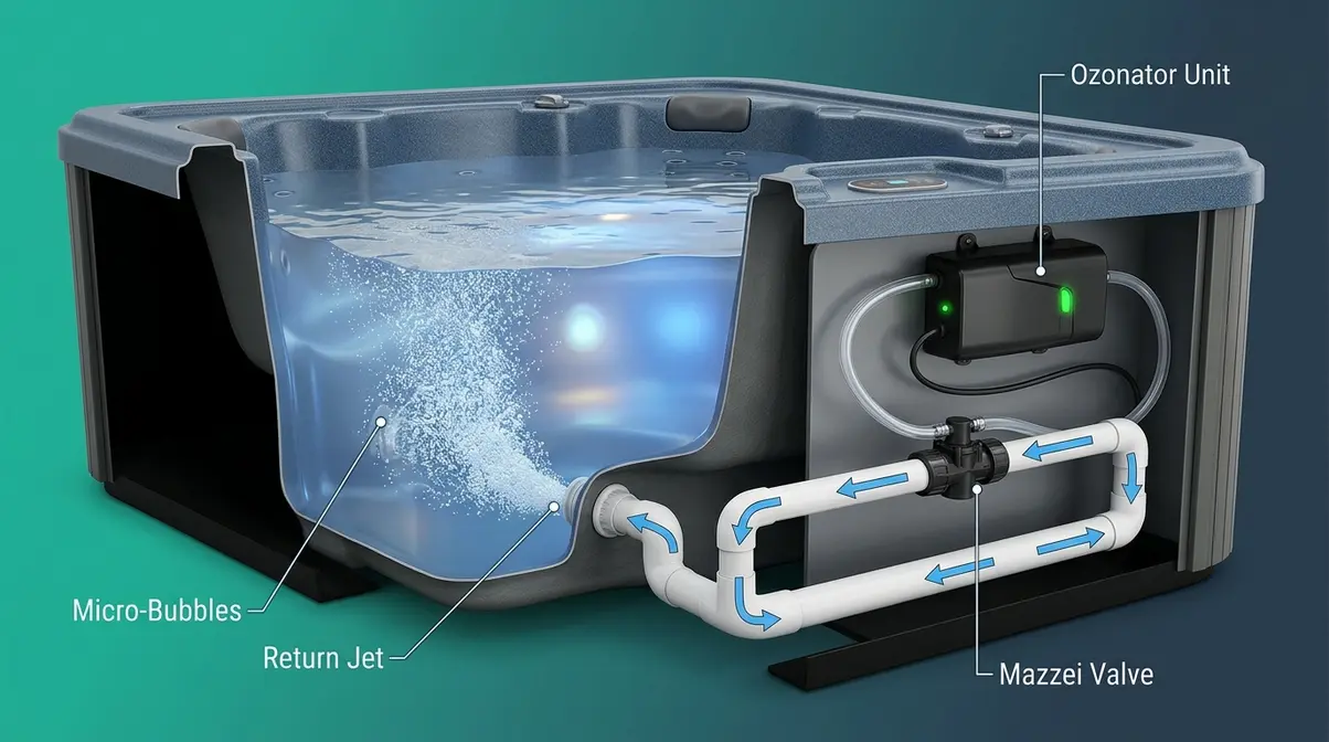 What Does a Hot Tub Ozonator Do? Complete Guide 1 Cutaway diagram showing how a hot tub ozonator system works inside the equipment bay