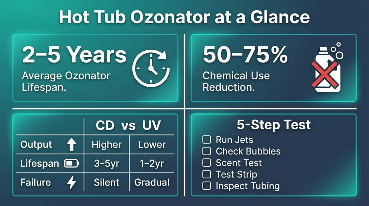 What Does a Hot Tub Ozonator Do? Complete Guide 11 Hot tub ozonator summary infographic showing lifespan, chemical reduction rate, and testing steps