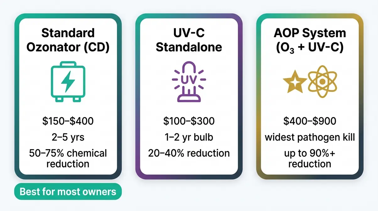 What Does a Hot Tub Ozonator Do? Complete Guide 10 Comparison of hot tub ozonator versus UV-C and AOP sanitization system options