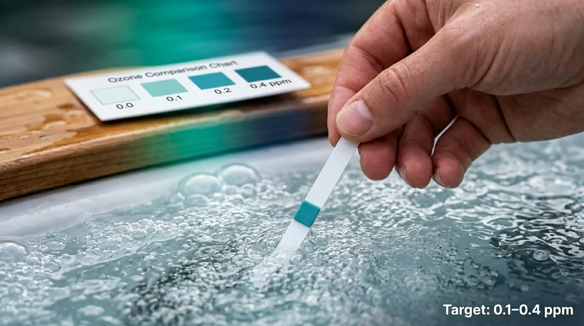 What Does a Hot Tub Ozonator Do? Complete Guide 7 Ozone test strip submerged in hot tub water showing how to test ozonator output level
