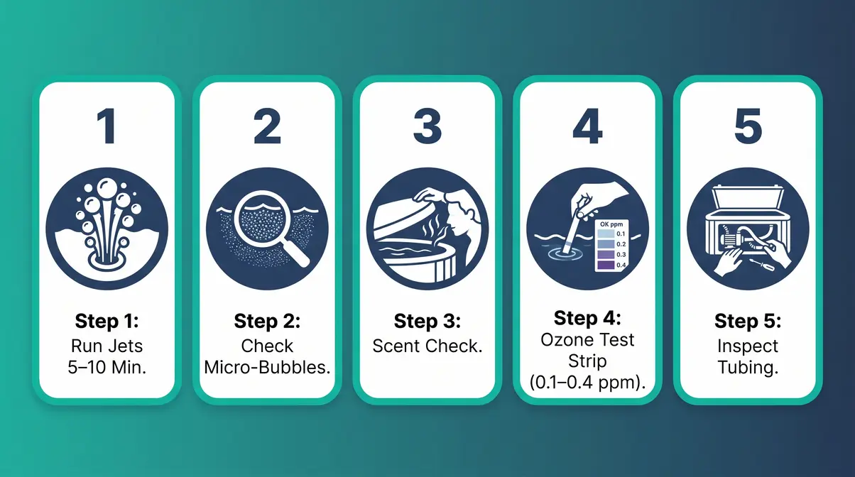 What Does a Hot Tub Ozonator Do? Complete Guide 8 Step-by-step guide showing how to test if a hot tub ozonator is working using micro-bubble check and ozone test strips