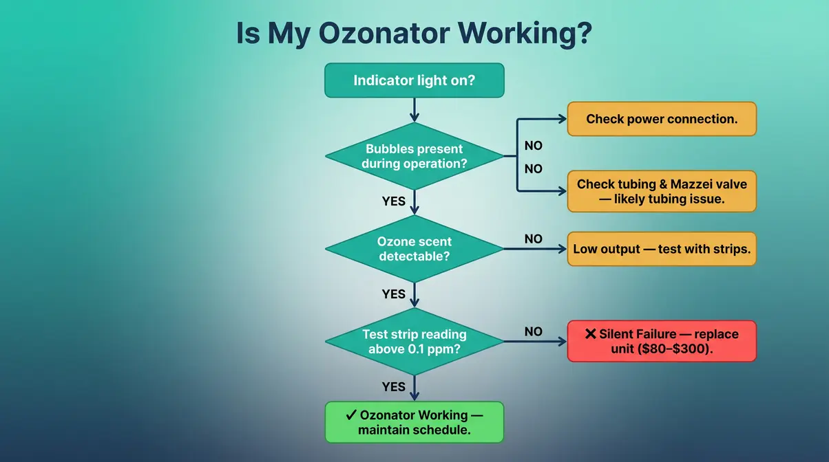 What Does a Hot Tub Ozonator Do? Complete Guide 9 Troubleshooting flowchart for diagnosing whether a hot tub ozonator is working or has silently failed