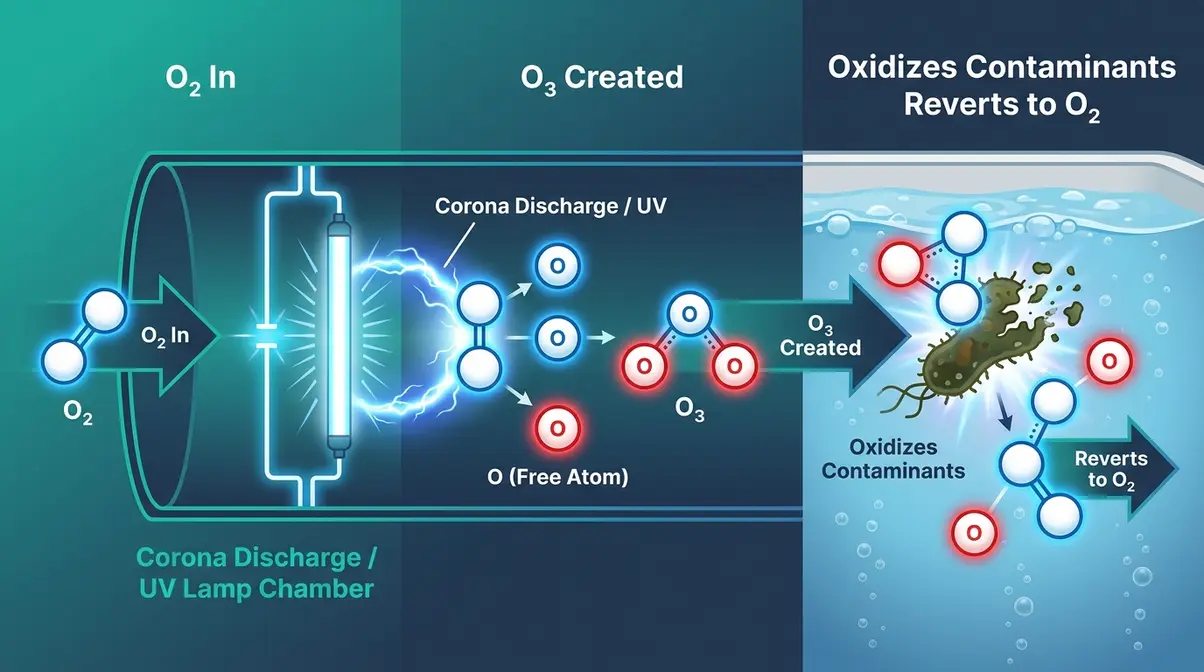 What Does a Hot Tub Ozonator Do? Complete Guide 2 Diagram of the ozone generation cycle in a hot tub ozonator showing O₂ to O₃ conversion