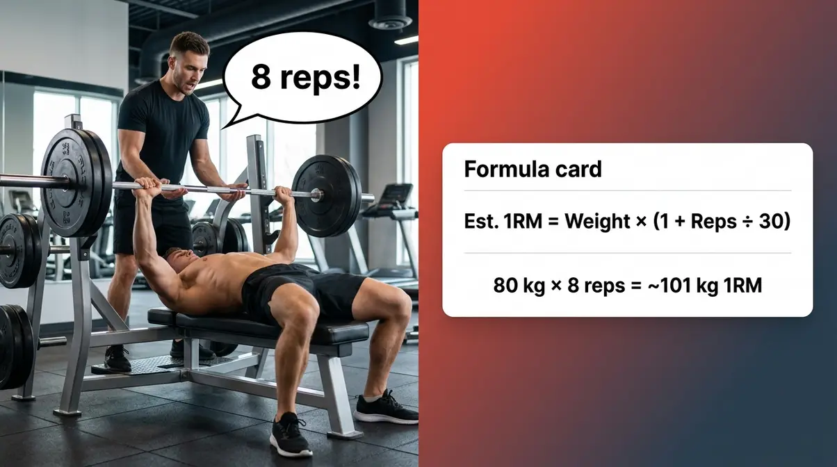 Athlete using AMRAP method to estimate 1RM PR with bench press and formula calculation