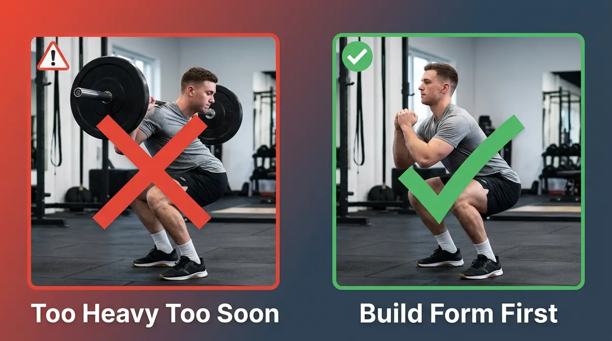 Split image showing common gym PR mistake of going too heavy versus correct form-first approach