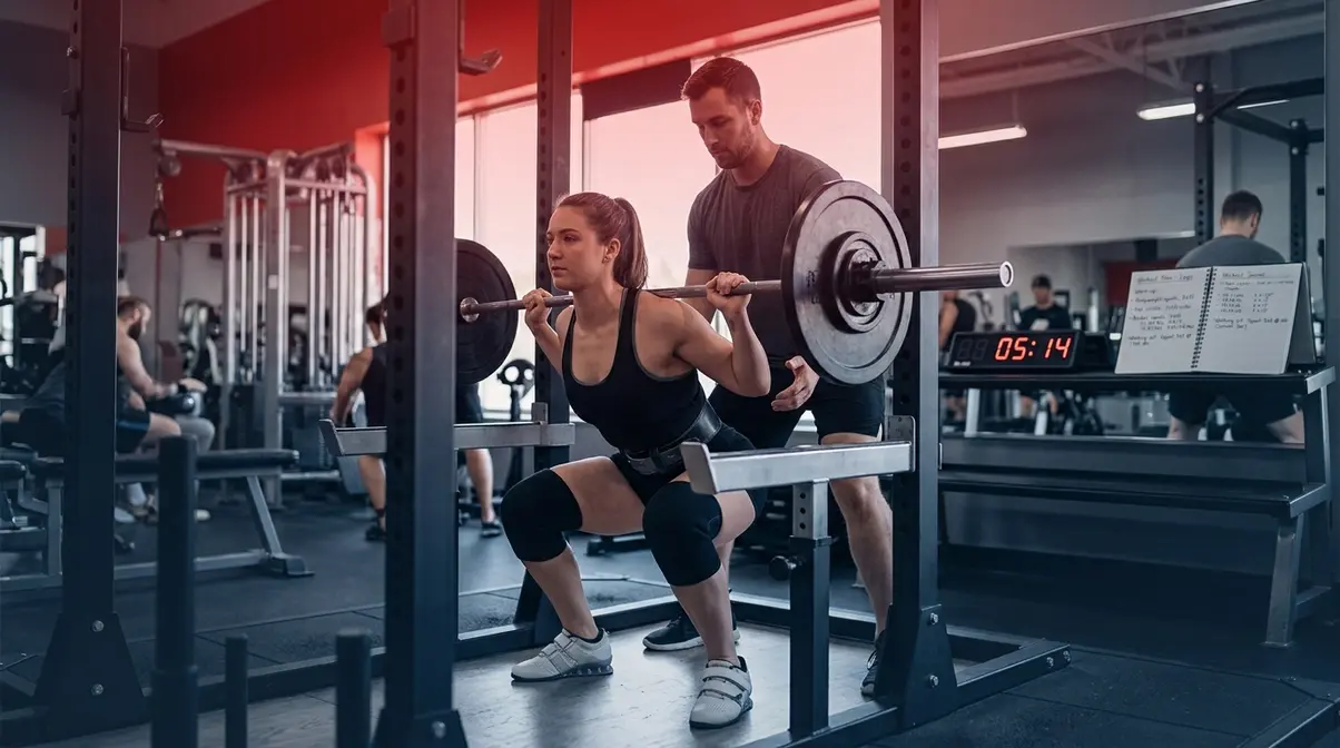 Gym athlete safely testing a PR squat with a spotter and proper barbell setup