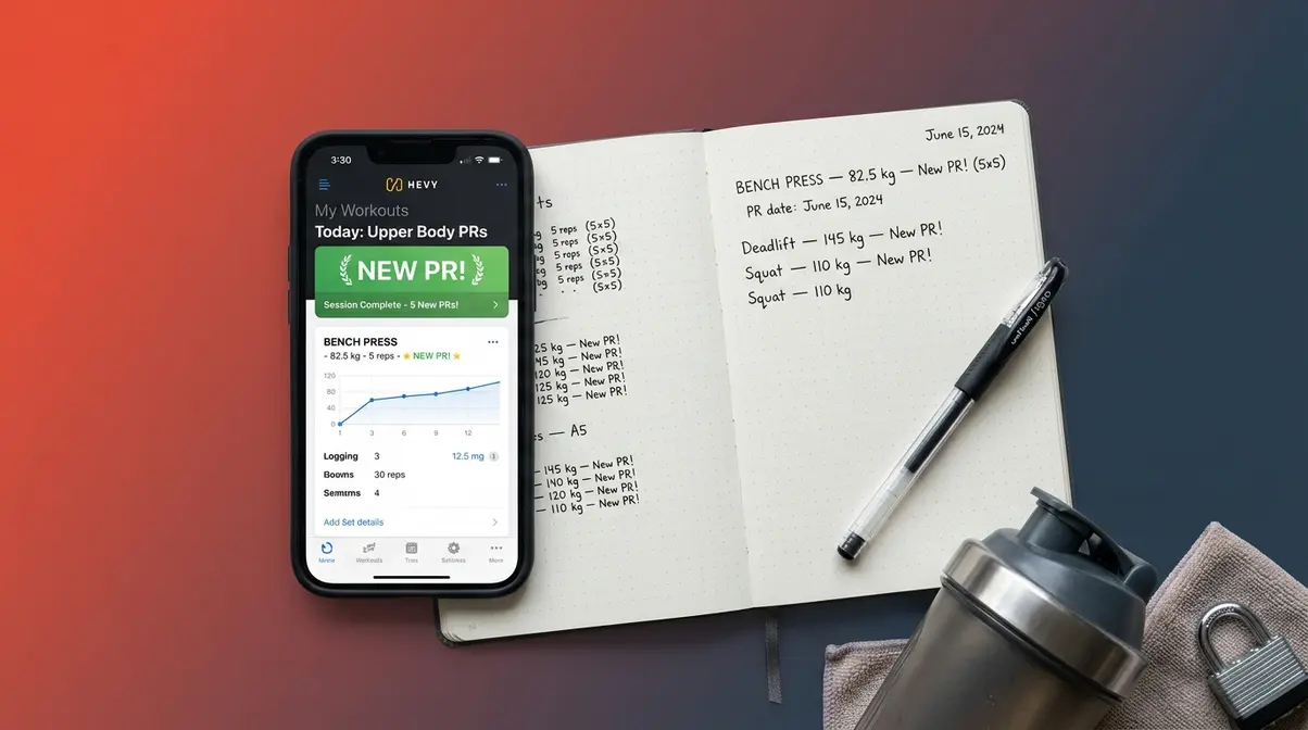 Gym PR tracking using smartphone app and workout journal with personal record entries