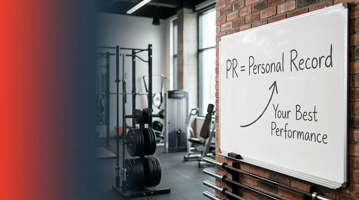 Gym whiteboard showing PR equals Personal Record definition for beginner gym-goers