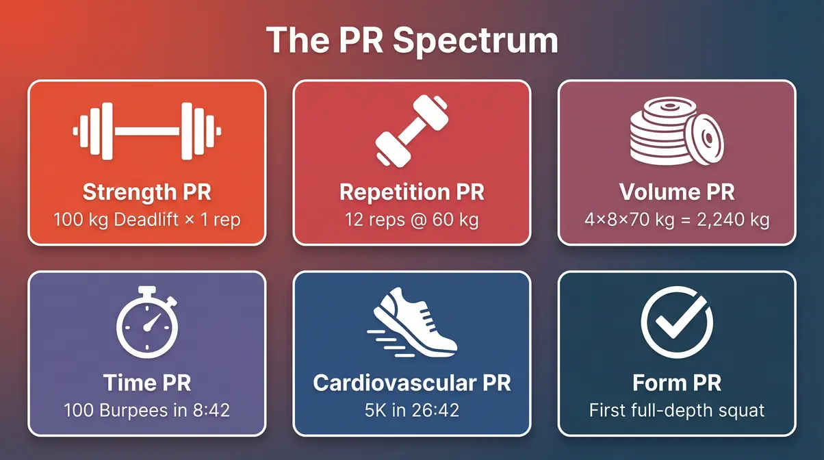Infographic showing all 6 types of gym personal records in the PR Spectrum framework with examples