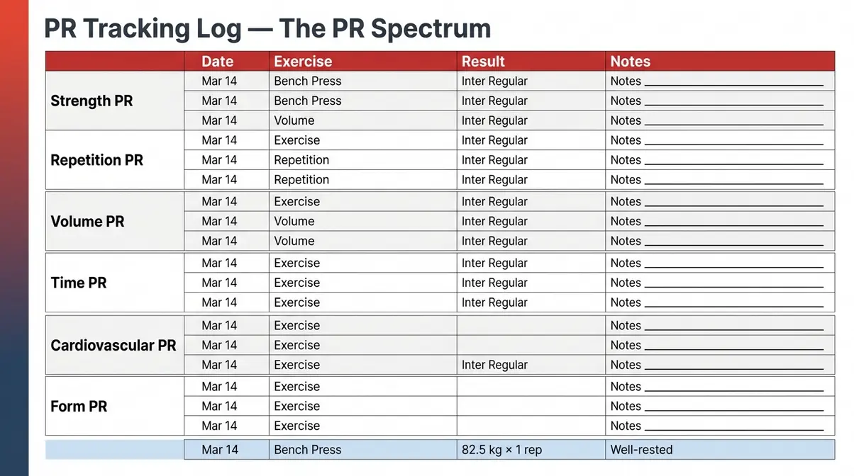 PR tracking template for gym beginners to log all six types of personal records in the PR Spectrum