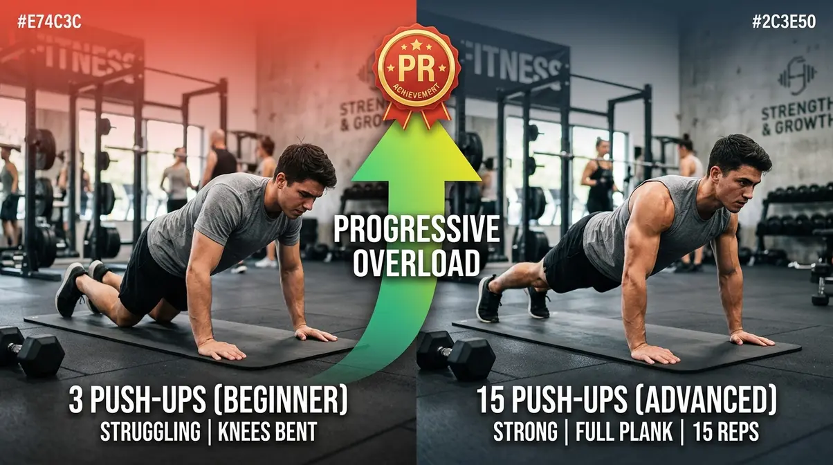 Gym progression showing beginner doing 3 push-ups versus 15 push-ups demonstrating personal record improvement