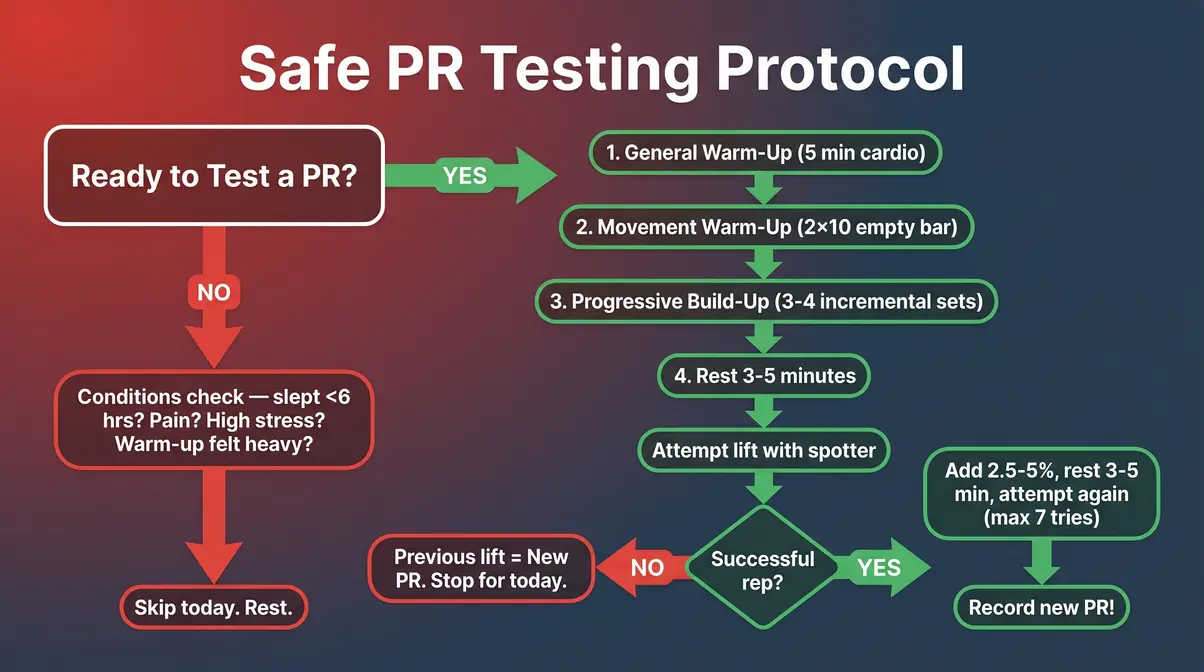 Flowchart showing safe PR testing protocol for gym beginners including warm-up steps and when to stop