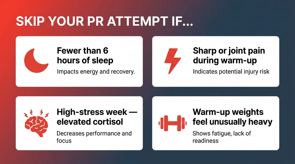 Infographic showing four signs you should skip a gym PR attempt today including poor sleep and pain
