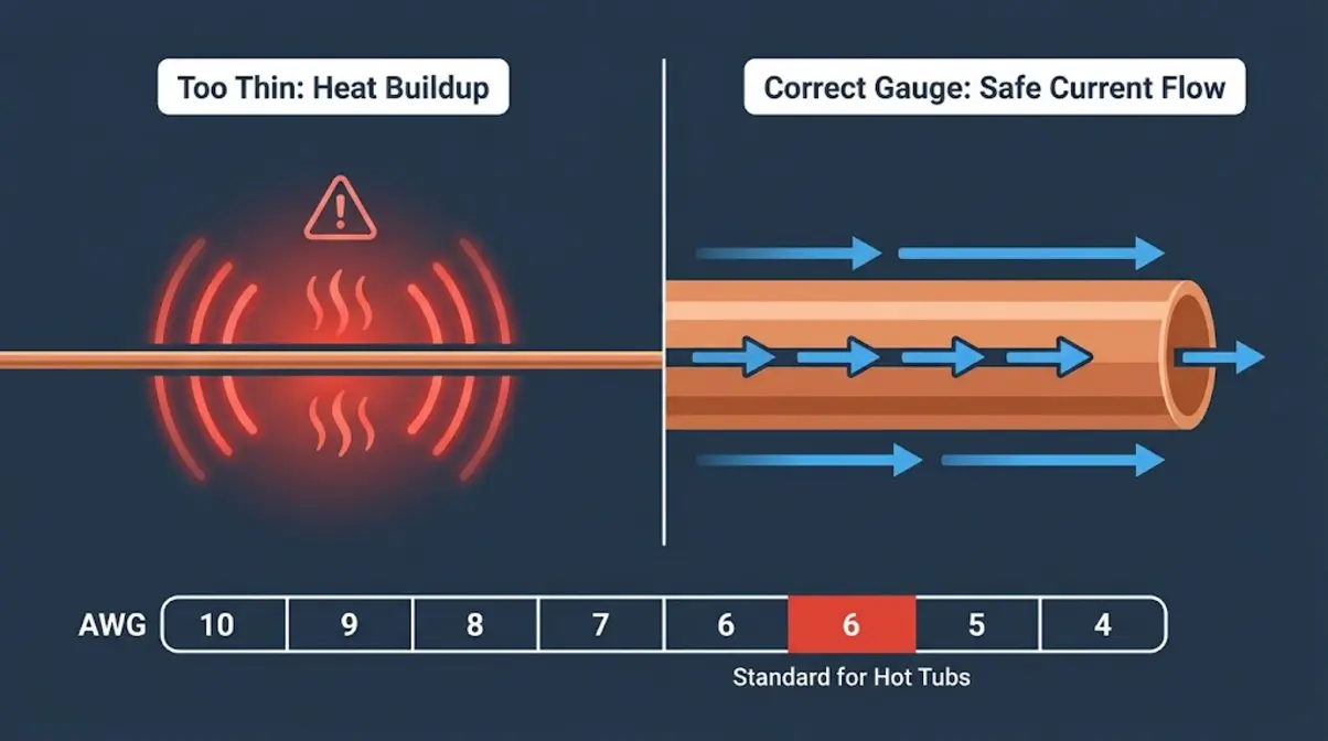AWG wire gauge ampacity concept showing thin wire heat risk versus thick wire safe current flow for hot tub circuits