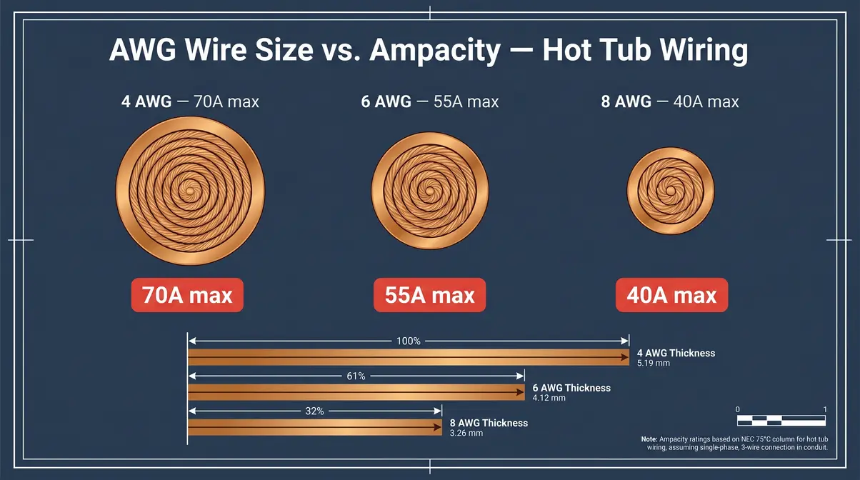 Diagram comparing 4 AWG, 6 AWG, and 8 AWG copper wire sizes with ampacity ratings for hot tub wiring