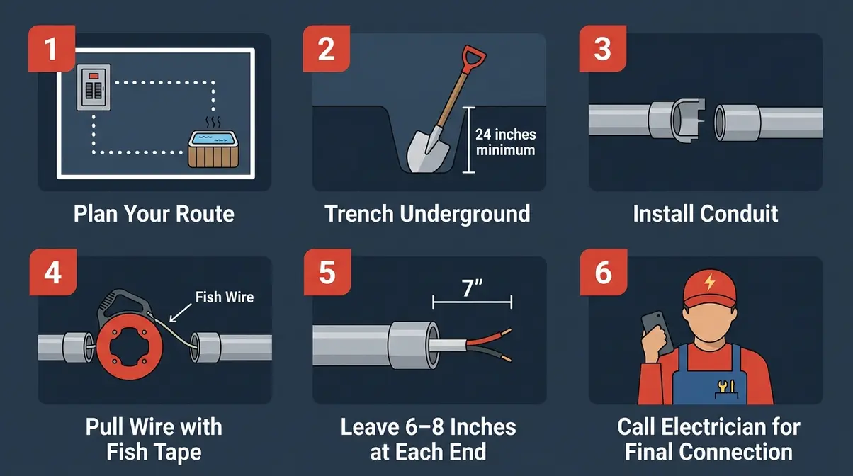 Six-step illustrated guide for running conduit and pulling wire for a residential hot tub electrical installation