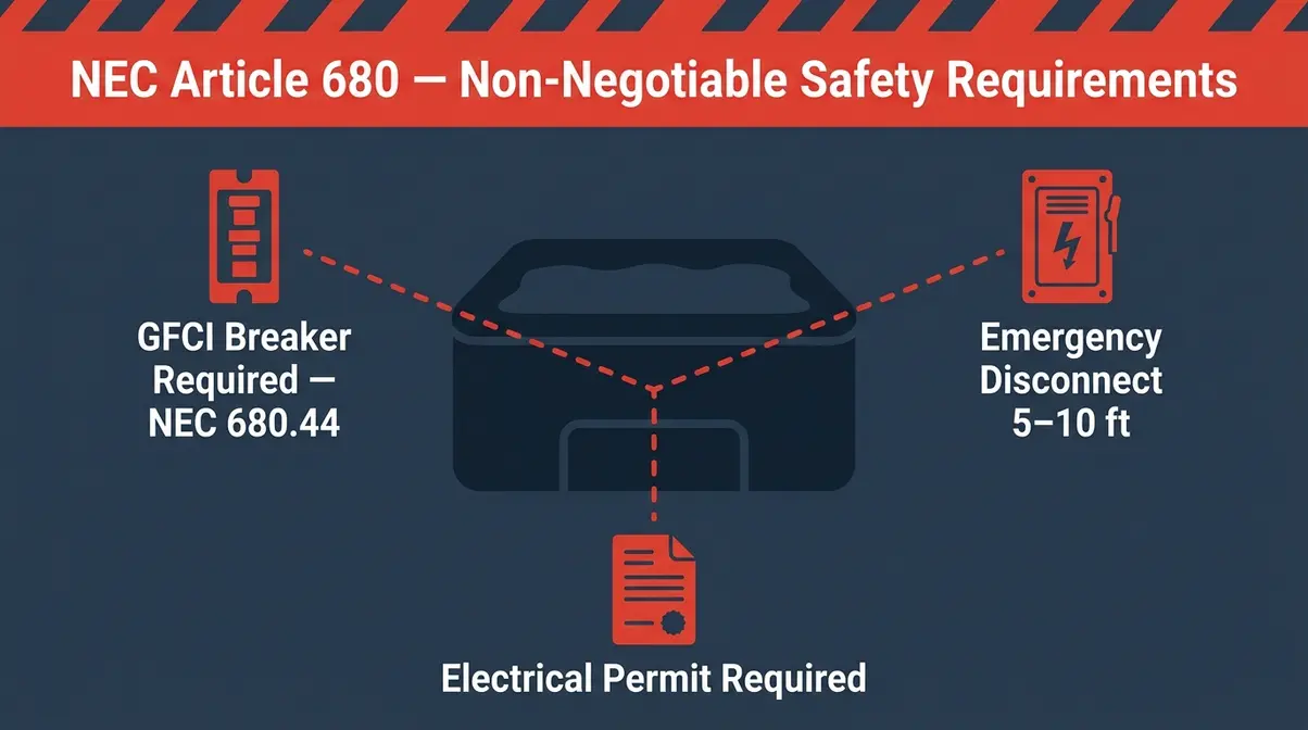 Hot tub electrical safety requirements diagram showing GFCI breaker, emergency disconnect panel, and permit requirements per NEC Article 680