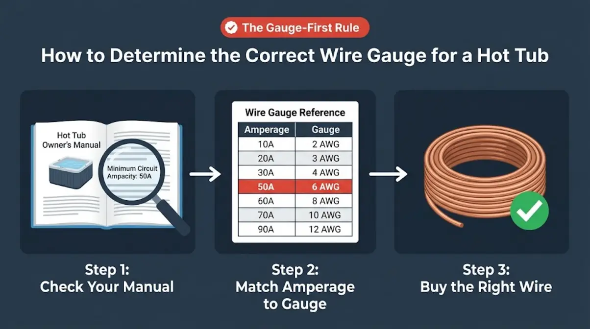 Three-step process for selecting correct hot tub wire gauge from owner's manual ampacity rating to AWG selection