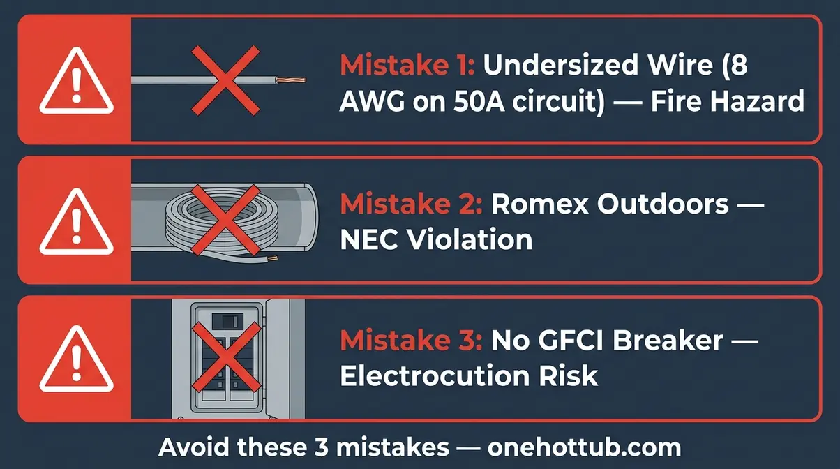 Three common hot tub wiring mistakes to avoid — undersized wire, Romex outdoors, and missing GFCI breaker