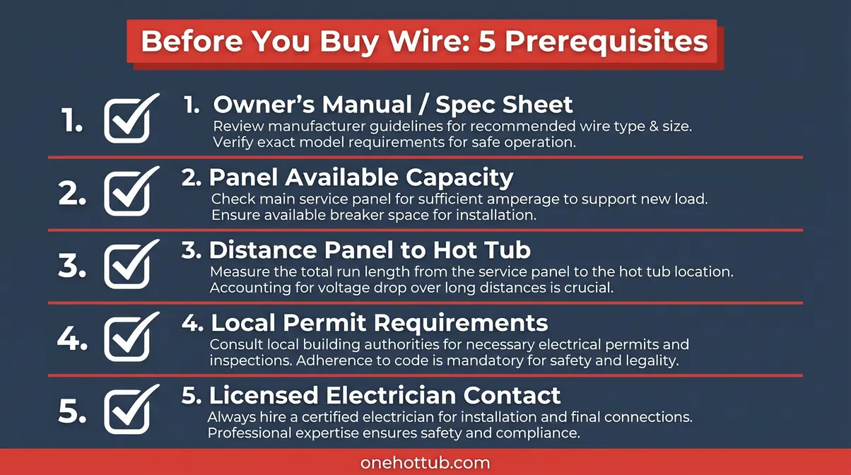 Hot tub wiring prerequisites checklist — five items to gather before selecting wire gauge