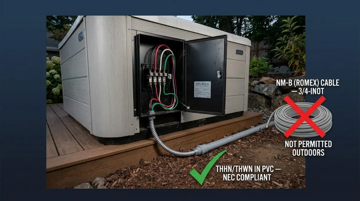 Outdoor hot tub wiring showing THHN conductors in PVC conduit with Romex prohibited label per NEC Article 334