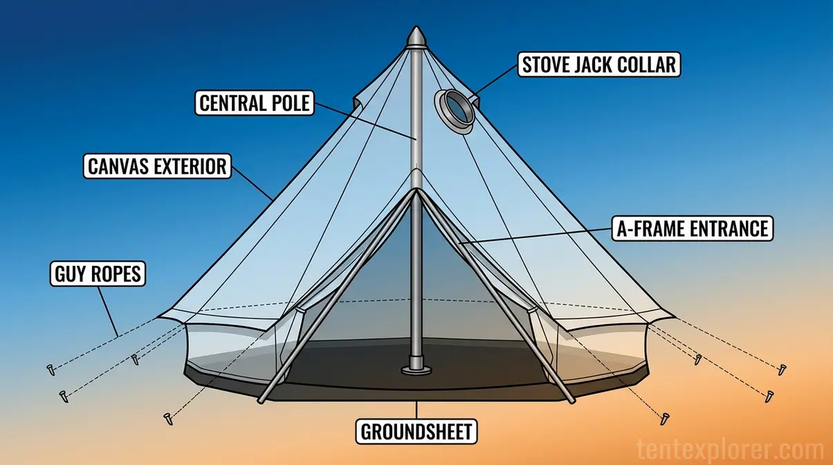 Bell tent anatomy diagram showing central pole, A-frame, canvas, guy ropes, groundsheet, and stove jack