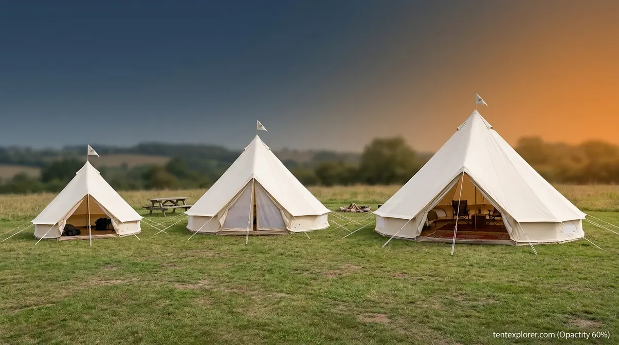 Comparison of different bell tent sizes from 3m to 7m illustrating sleeping capacity scale