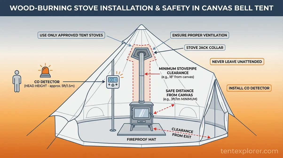 Diagram showing correct stove jack installation in a bell tent with CO detector and clearance