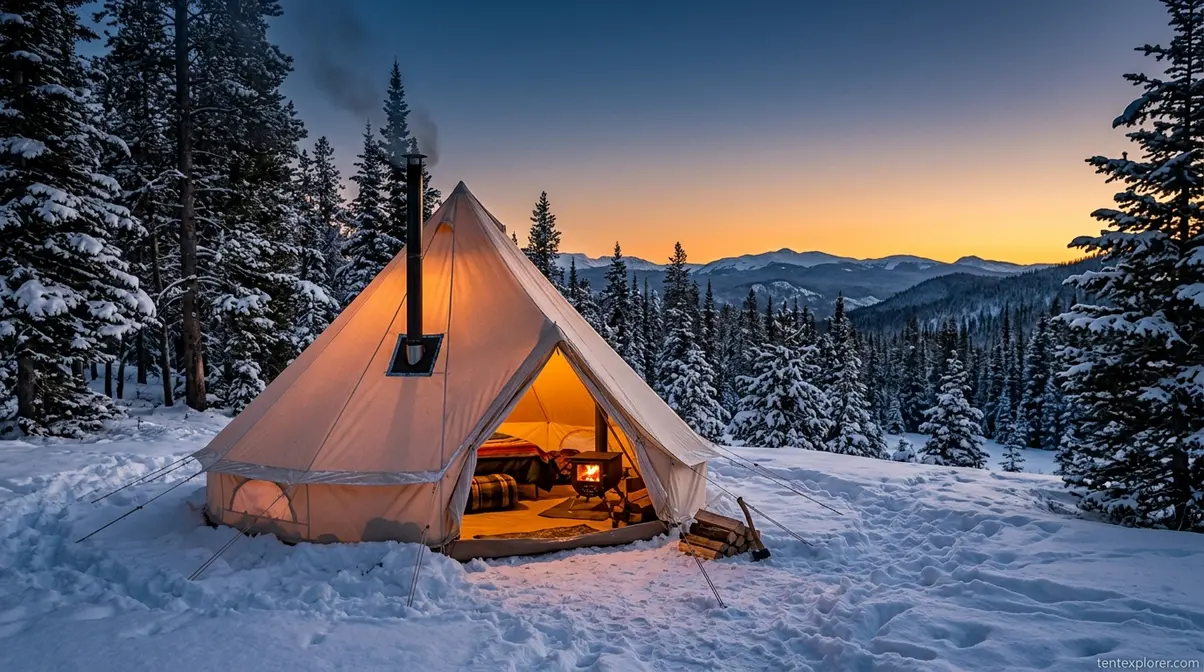 Winter hot tenting in a canvas bell tent with a wood-burning stove and snow
