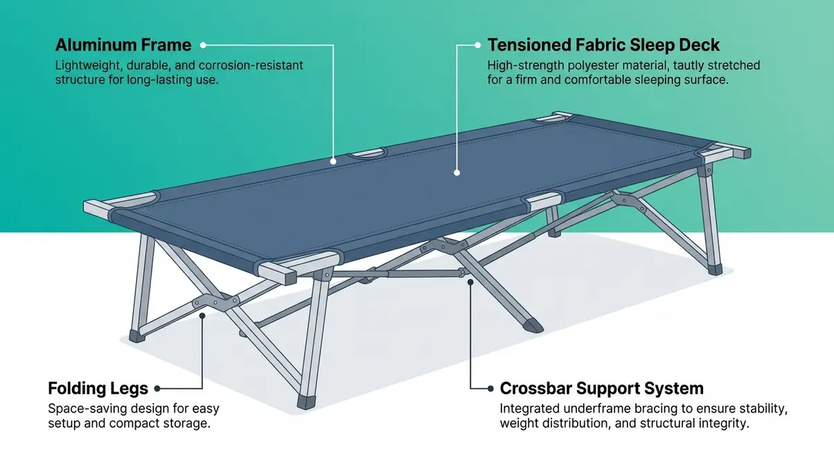 Labeled anatomy diagram of a camping cot showing aluminum frame, sleep deck, folding legs, and crossbar supports