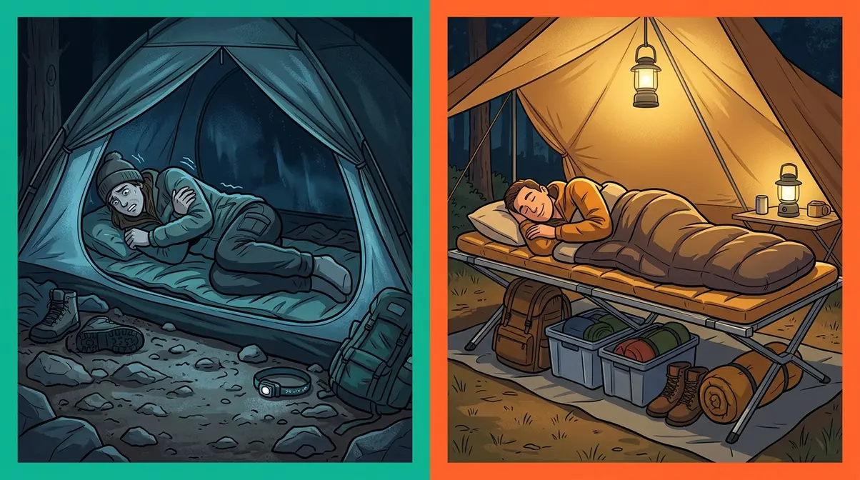 Comparison showing uncomfortable ground sleeping versus restful elevated camping cot sleep inside a tent