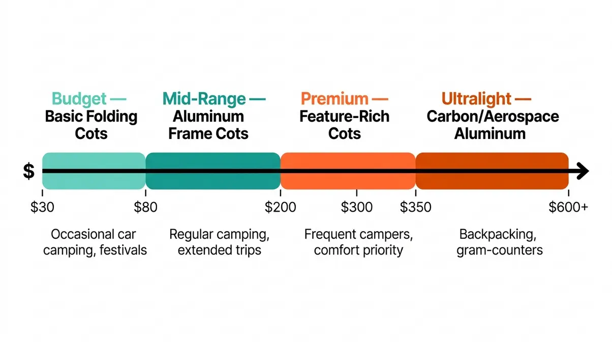 Infographic showing camping cot price ranges from budget at $30 to ultralight backpacking cots at $600 or more