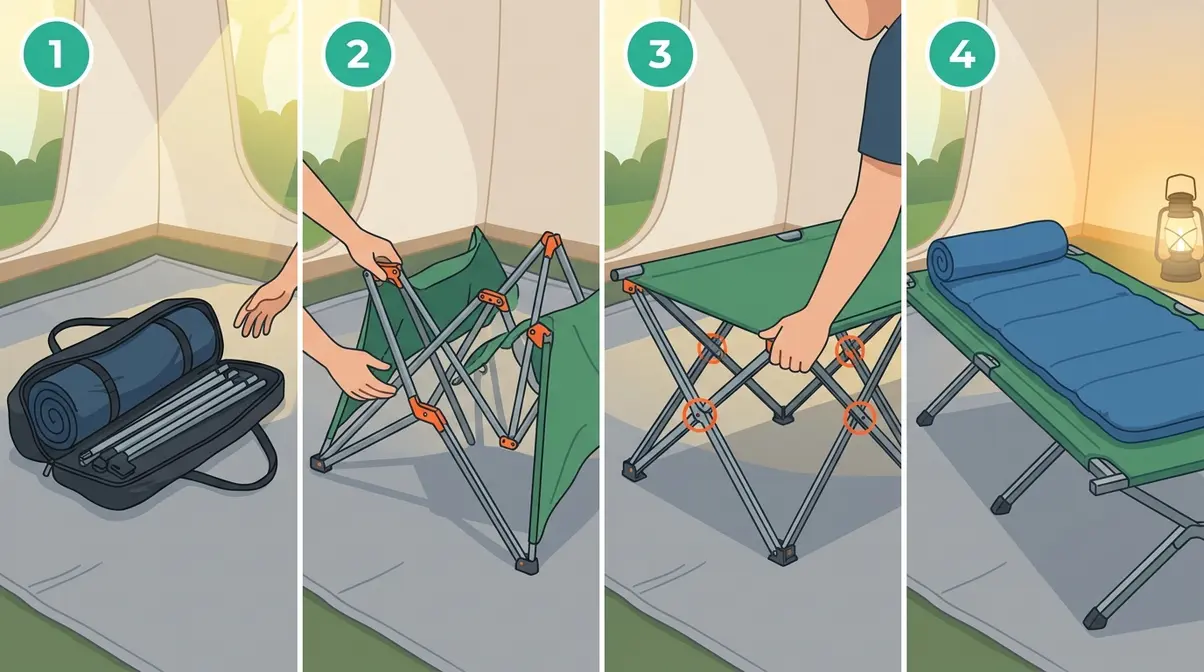 Step-by-step illustration of camping cot setup from carry bag to fully assembled with sleeping pad
