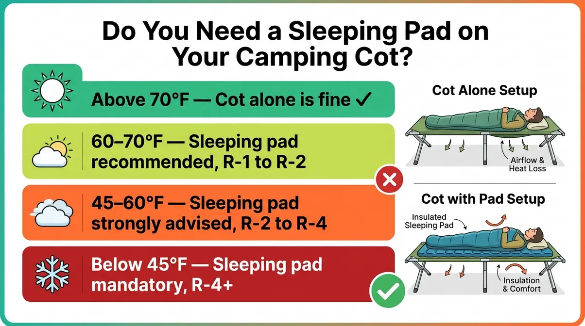Temperature decision chart showing when a camping cot needs a sleeping pad based on nighttime temperature ranges