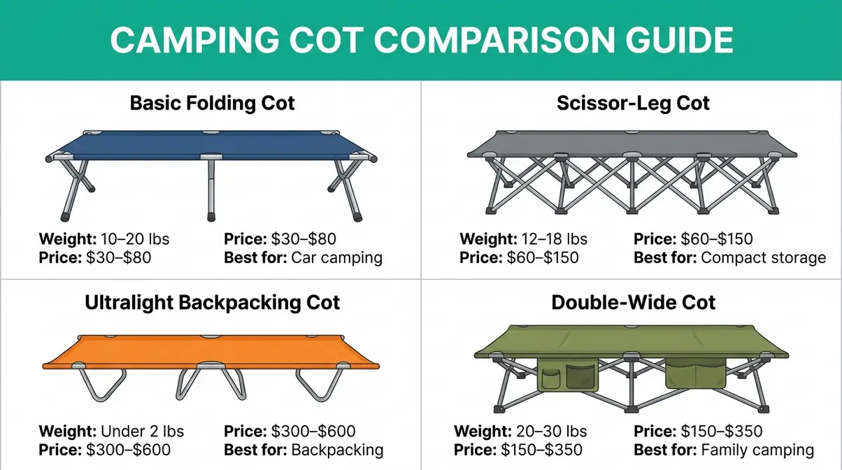 Side-by-side comparison of four camping cot types — basic folding, scissor-leg, ultralight, and double-wide — with specs
