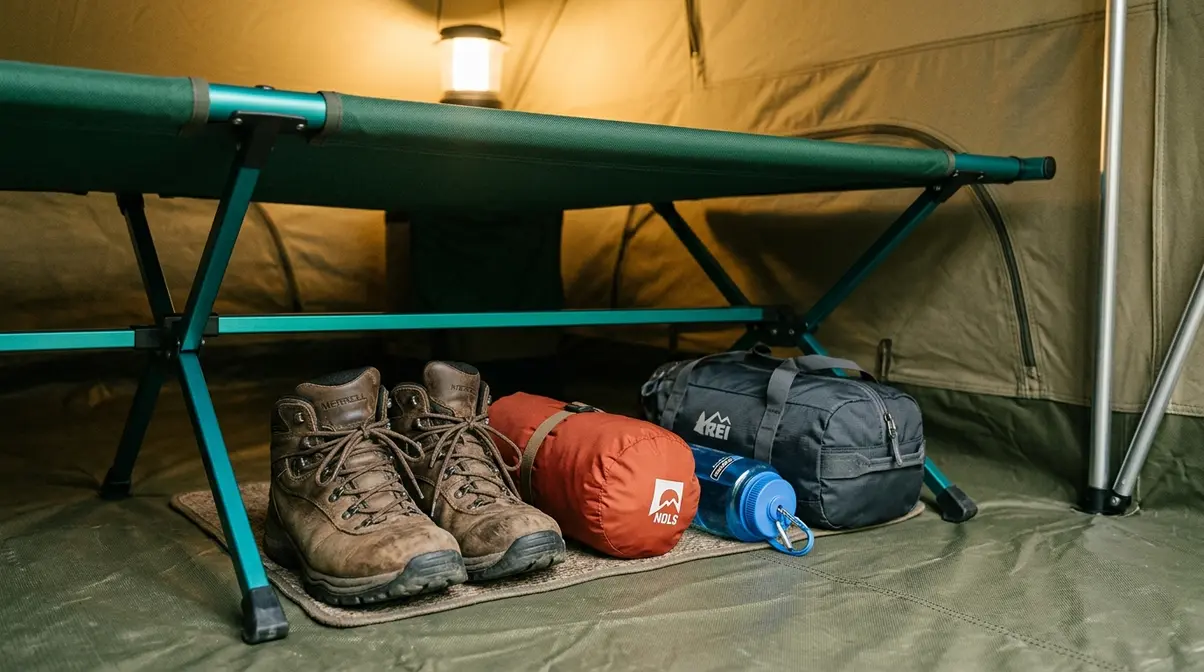Under-cot storage space inside a tent with boots, rain gear, and a duffel bag organized beneath the frame