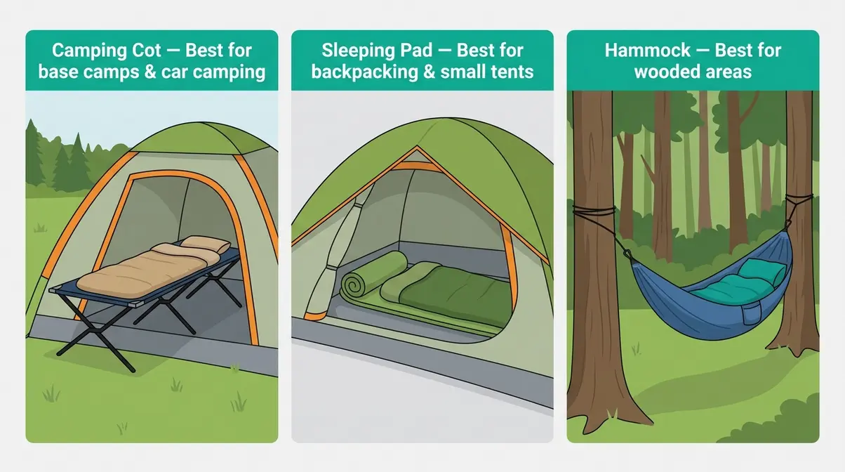Three camping sleep alternatives compared — camping cot, sleeping pad, and hammock with best-use labels