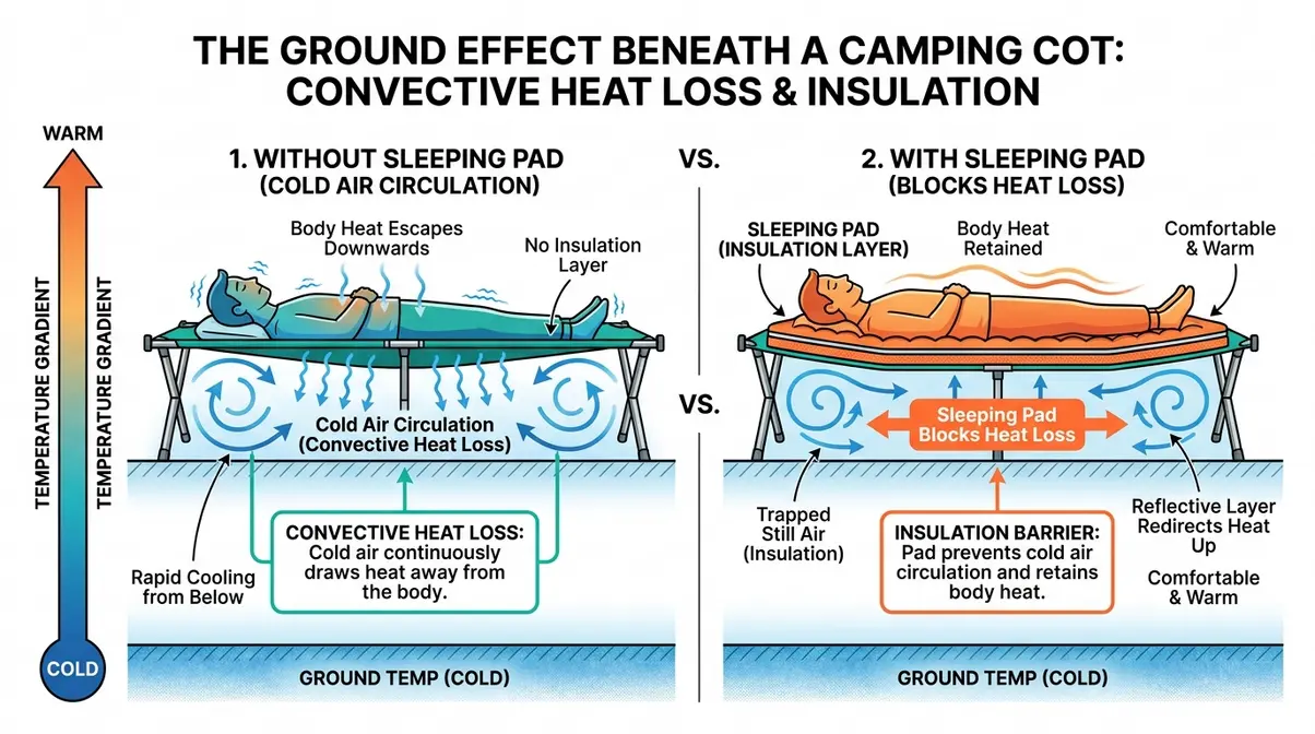 Diagram showing cold air circulating under a camping cot and how a sleeping pad blocks convective heat loss
