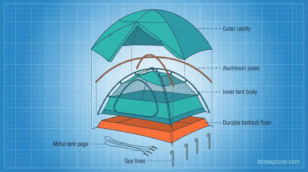 Labeled diagram of a dome tent showing the rainfly, aluminum poles, inner tent body, bathtub floor, and tent pegs for beginner campers learning what is a dome tent