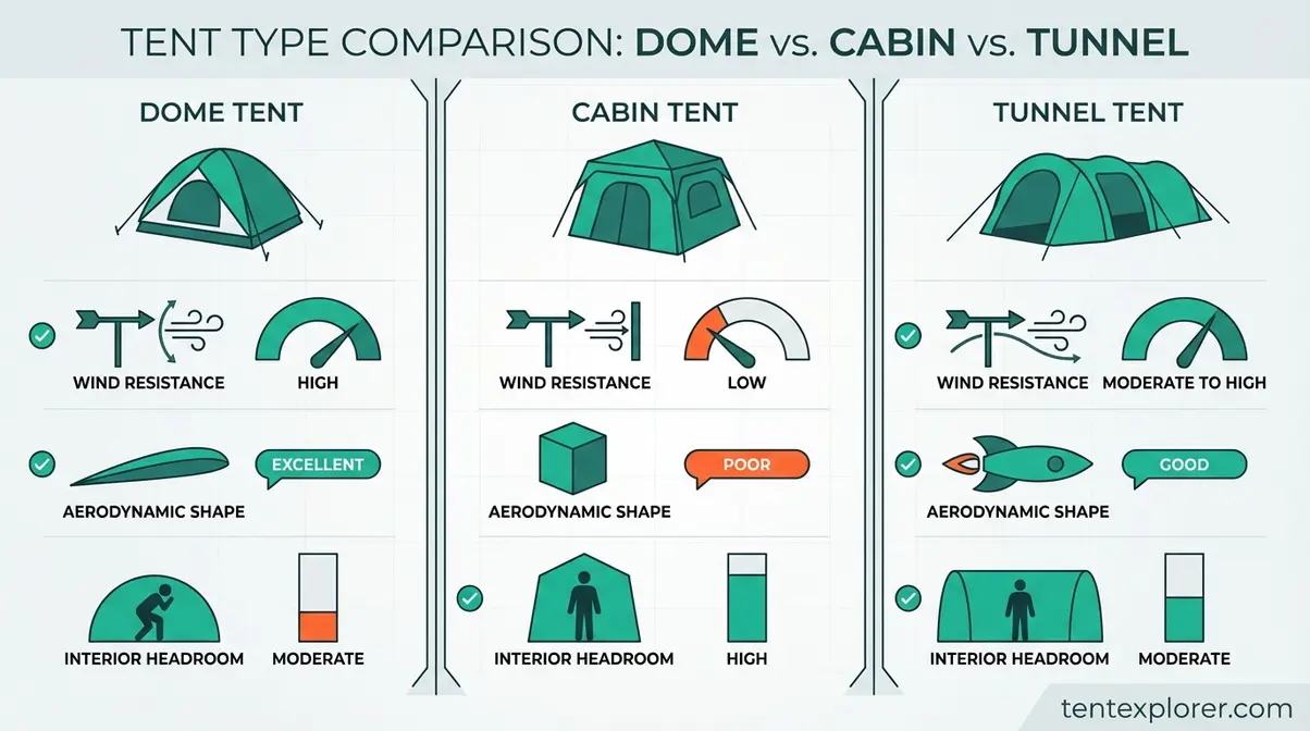 Side-by-side infographic comparing dome tent, cabin tent, and tunnel tent shapes, wind resistance, and headroom for beginner campers
