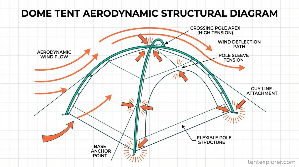Diagram showing two flexible poles crossing at the apex of a dome tent, illustrating aerodynamic wind deflection and structural tension for beginner campers