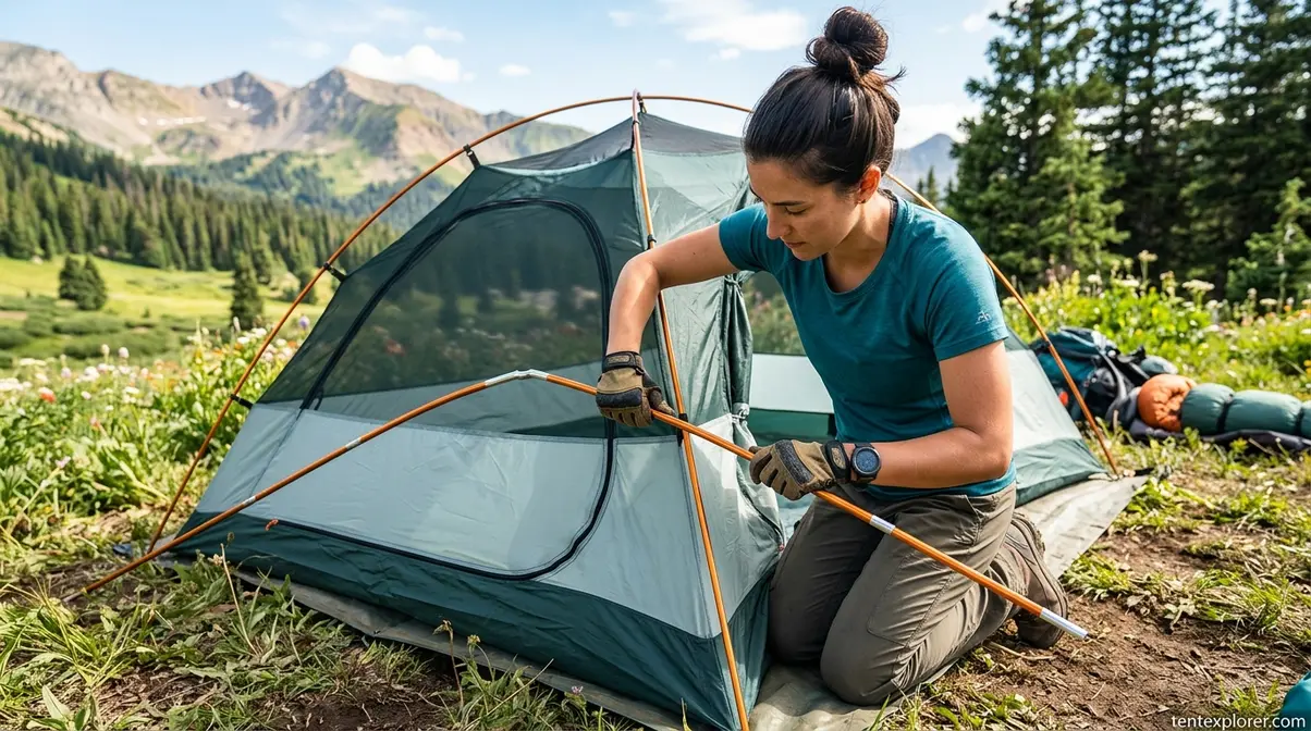 Camper threading aluminum poles through a dome tent during setup