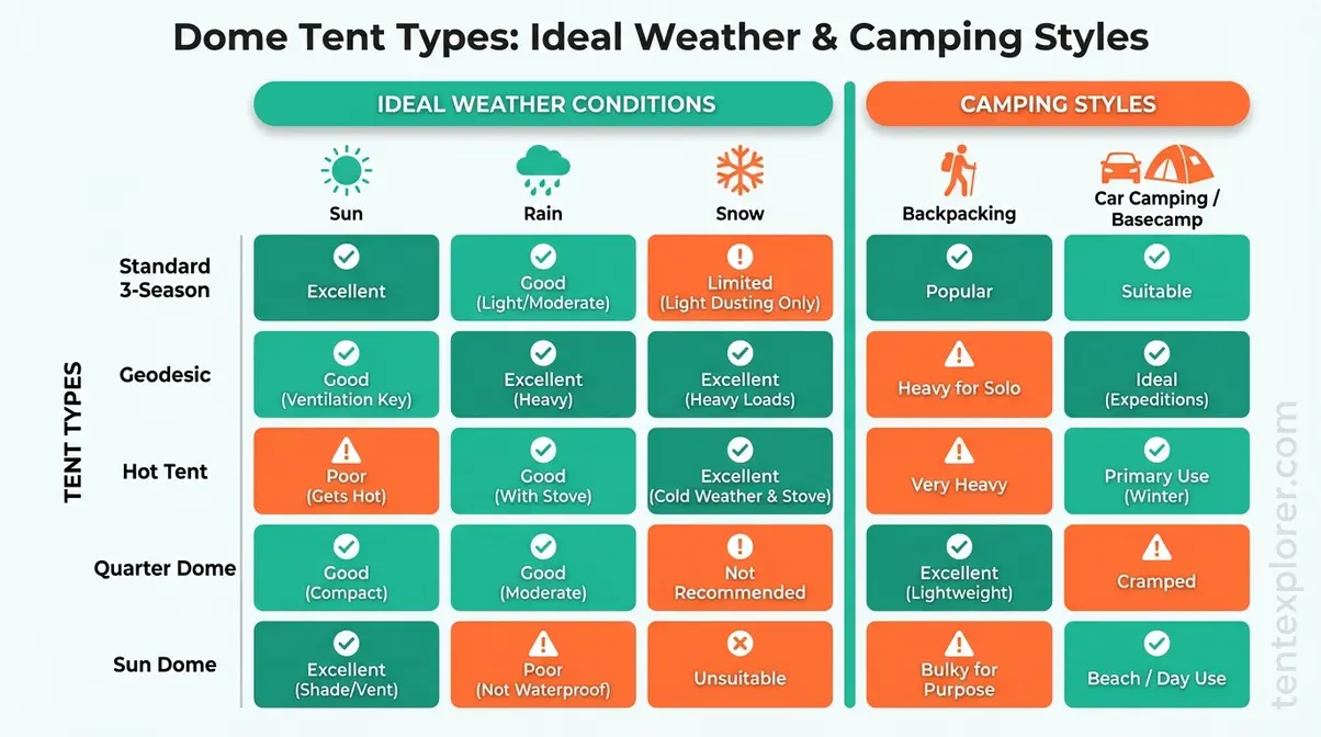 Chart mapping five dome tent types (standard 3-season, geodesic, hot tent, quarter dome, sun dome) to their ideal weather conditions and camping styles