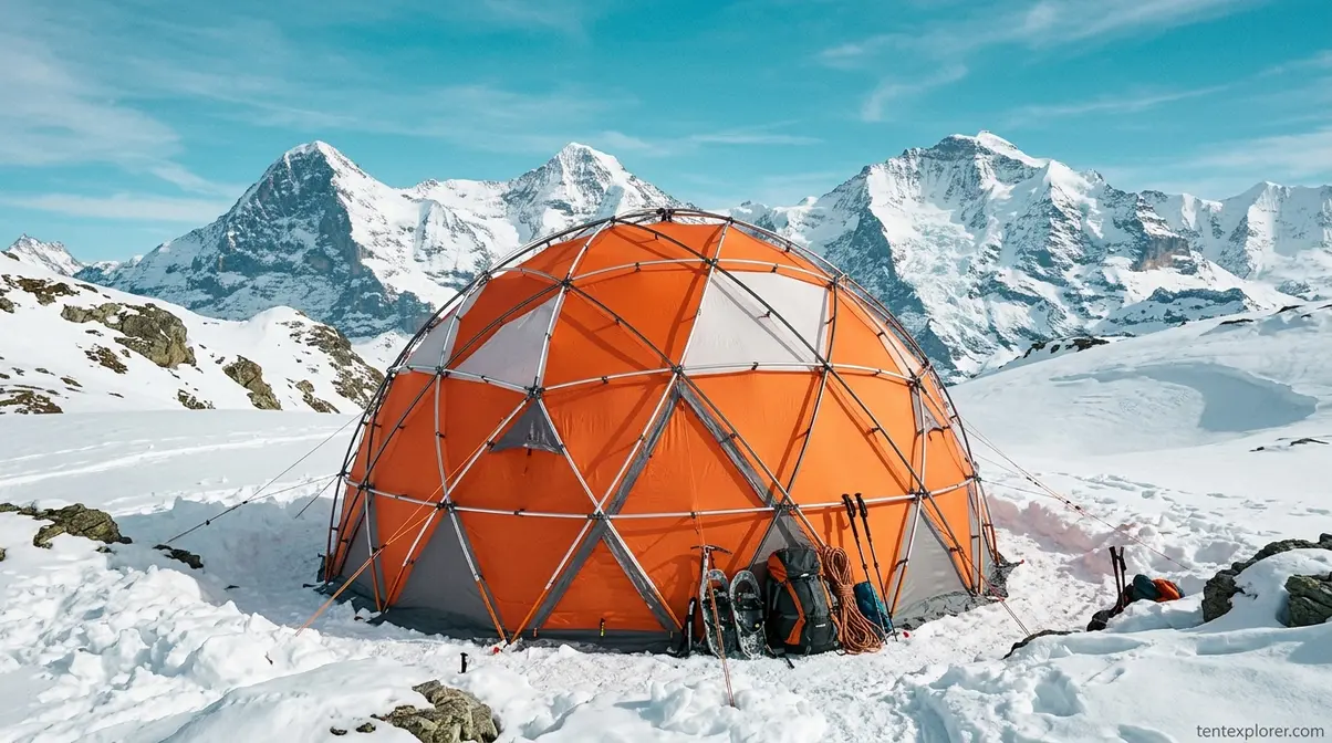 Geodesic dome tent with intersecting pole network in snowy alpine conditions