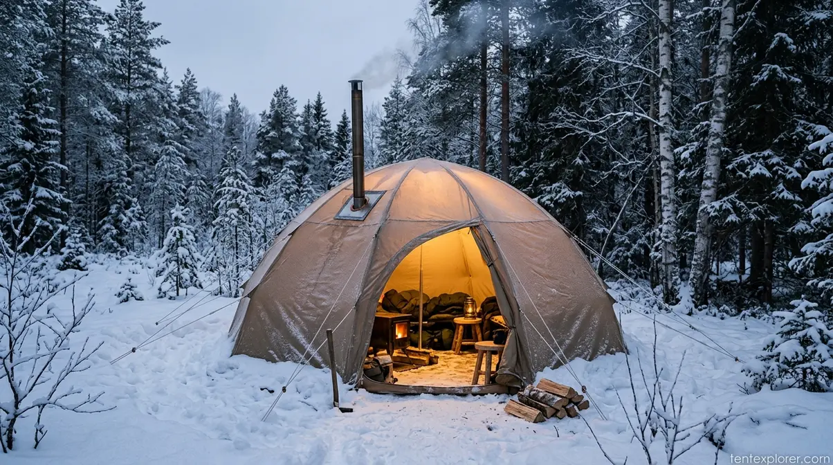 Canvas hot tent with a wood stove pipe in a winter forest