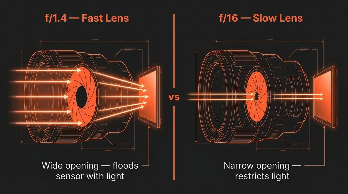 Diagram showing fast lens wide aperture at f/1.4 passing more light rays than narrow f/16 aperture opening