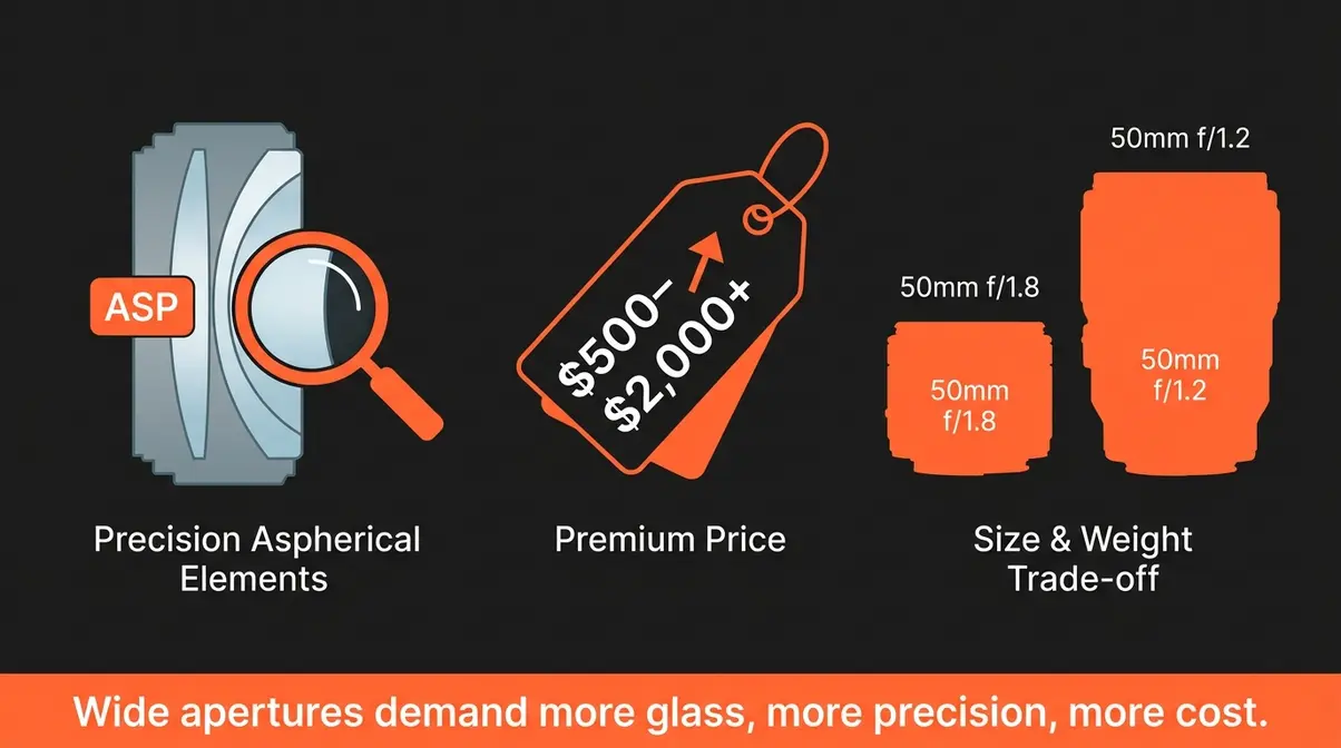 Fast lens cost explained showing aspherical optical elements size weight trade-off and premium price factors