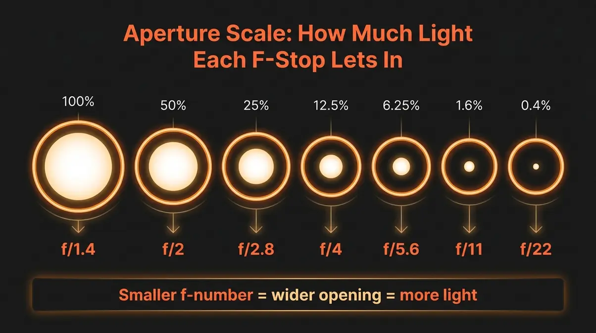 F-stop aperture scale infographic comparing circle sizes from f/1.4 wide open to f/22 narrow for fast lens guide
