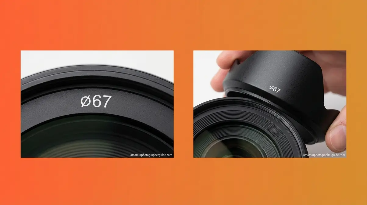 Camera lens front rim showing filter thread diameter marking used to match correct lens hood size